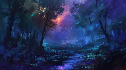 Fantasy forest scene with vibrant colors, glowing flora, and a mystical atmosphere