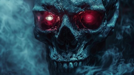 Highly detailed and stylized human skull with glowing red eyes, set against a dark, smoky background