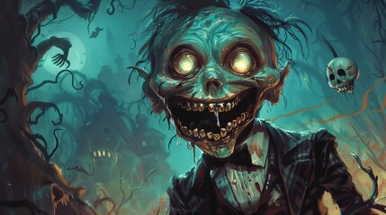 Stylized, cartoonish depiction of a zombie character with exaggerated features, set against a dark, eerie background that includes a castle, skulls, and a full moon