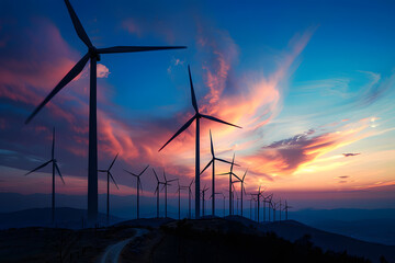 Majestic sunset behind wind turbines on a hill