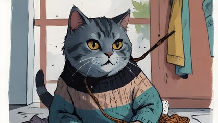 Children's book illustration  A cat knitting a sweater