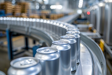 Aluminum cans on conveyor belt in factory
