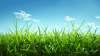 Fototapeta premium Lush green grass field stretching under a vast, clear blue sky, symbolizing freshness and growth.