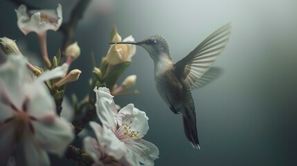 Tiny hummingbird hovering near a flower. - Powered by Adobe