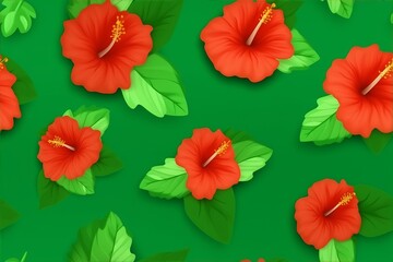 Seamless pattern featuring bright red hibiscus flowers with lush green leaves set against a green background