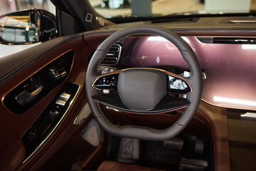 Fototapeta premium Vehicle with seating and steering wheel, interior design