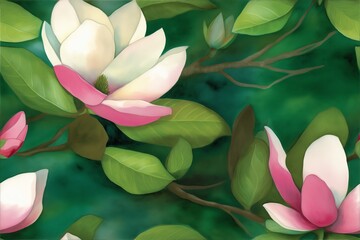 Watercolor white and pink magnolia flowers with lush green leaves against a rich, green background.