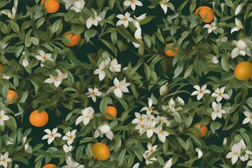 Watercolor pattern showcasing vibrant oranges and delicate white blossoms amidst dense green foliage on a dark background.