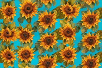 Watercolor sunflowers with bright yellow petals and lush green leaves set against a vibrant blue background