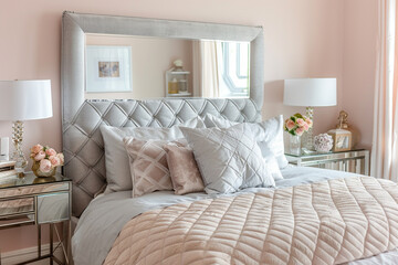 Contemporary art deco bedroom with a quilted light grey headboard, mirrored side tables, and a pastel pink wall color.