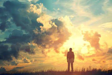 Silhouette of a lonely man standing in a fantasy landscape and looking at the shining cloudy sky, representing introspection and spiritual meditation.