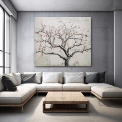 Living room interior with a couch a table and a painting of a tree