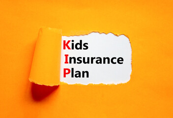 KIP kids insurance plan symbol. Concept words KIP kids insurance plan on beautiful white paper. Beautiful orange paper background. Business KIP kids insurance plan concept. Copy space.