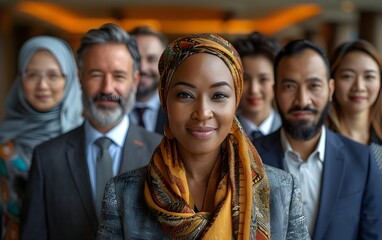 Front view of group of interracial business people and politics looking at international meeting in conference hall. - Powered by Adobe