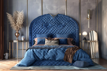 Elegant art deco bedroom with a quilted sapphire headboard, mirrored side tables, and a bronze floor vase.