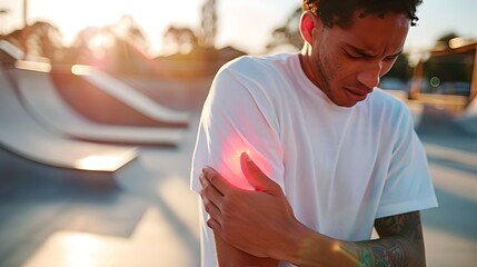 Man at skatepark holding injured arm. Skateboarding accident. AI - Powered by Adobe