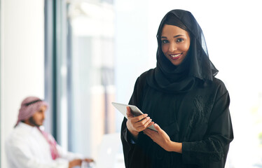 Portrait, business people and Muslim woman with tablet, connection and confidence with career...