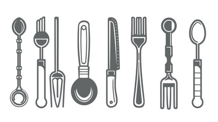 Cutlery Icon Set in Linear and Silhouette Style Vector Fork, Spoon, Knife Icons Collection