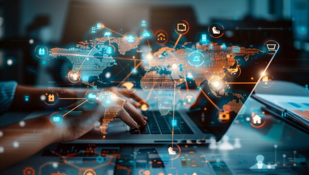 A global map with digital icons representing different countries, featuring hands holding laptops and tablets displaying business data Generative AI