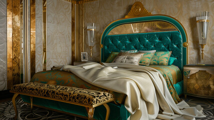 Elegant art deco bedroom captured from the front showing a gold damask and teal upholstered bed, and an ivory silk blanket draped over a brocade bench.
