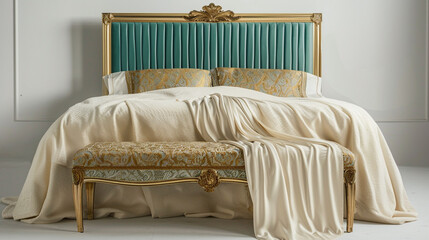 Elegant art deco bedroom captured from the front showing a gold damask and teal upholstered bed, and an ivory silk blanket draped over a brocade bench.