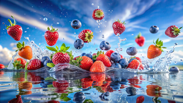 Colorful berries - strawberries, blueberries, and raspberries - bouncing off the water's surface, creating a playful splash set against a dreamy sky