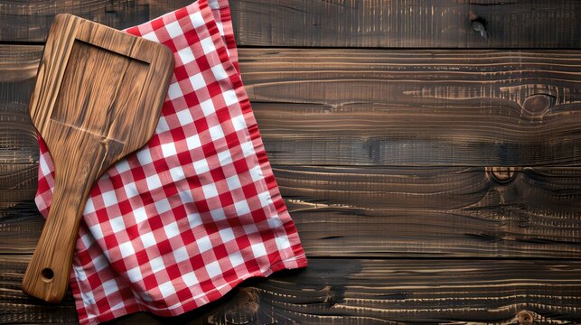 Wooden cutting board on rustic wooden table with red checkered cloth. Perfect for cooking, kitchen design, or food blog background. AI