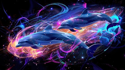 Abstract image of neon dolphins surrounded by colorful stripes and glowing lights on a dark background.