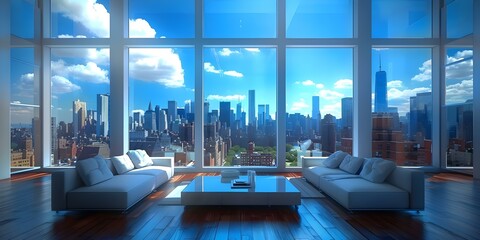 3D rendering of a highrise Manhattan apartment with a stunning city view. Concept Apartment Design,...