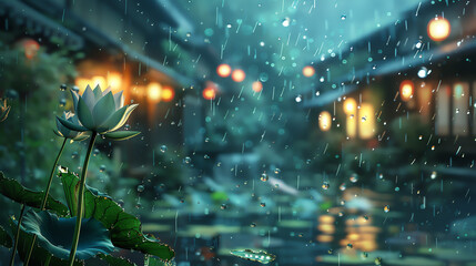 A serene evening in a rain-soaked garden with lotus flowers and softly glowing lanterns