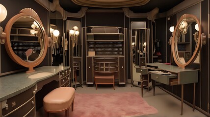  an Art Deco theater dressing room with vintage vanities, mirrors, and costume racks design. 