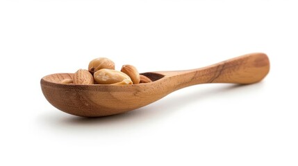 roasted peanuts in a wooden spoon healthy snack isolated on white background stock photo