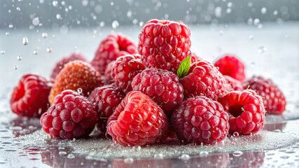 A heap of ripe raspberries kissed by water droplets, creating an enticing spectacle of freshness...