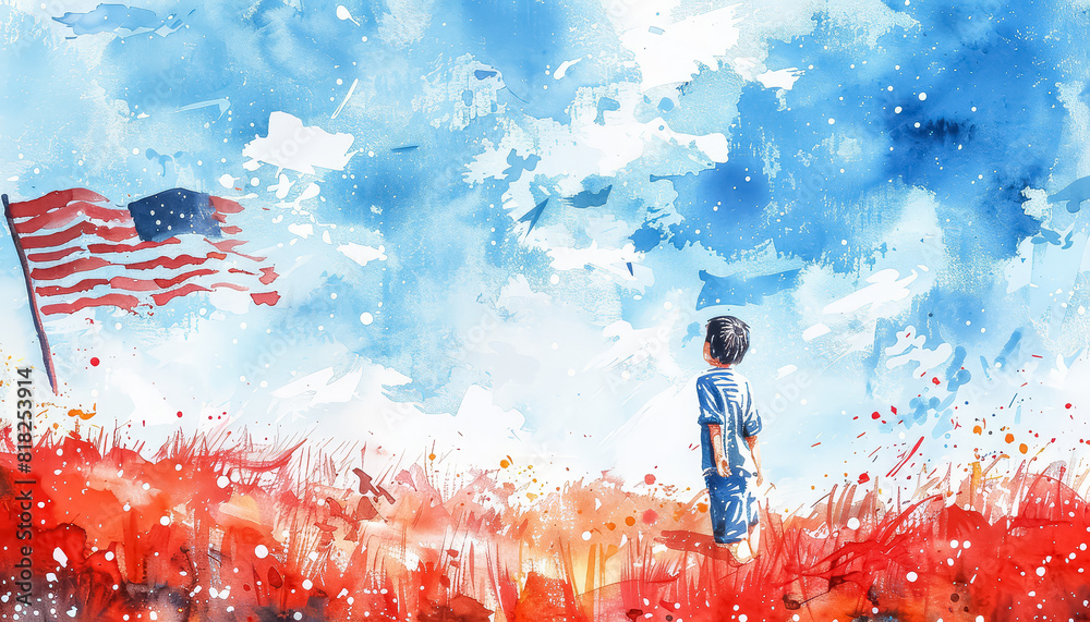 Poster A young boy holding a flag in the air watercolor