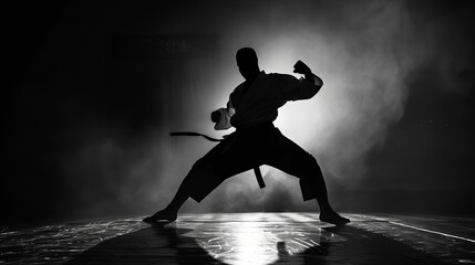 karate power dynamic silhouette of a person performing a powerful martial arts kick high contrast black and white photography - Powered by Adobe