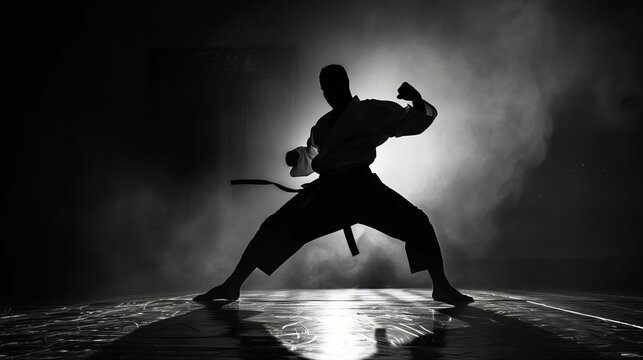 karate power dynamic silhouette of a person performing a powerful martial arts kick high contrast black and white photography
