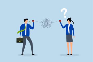 Bad communication, businessman talks through confused chaos, tangled phone line confuses others.