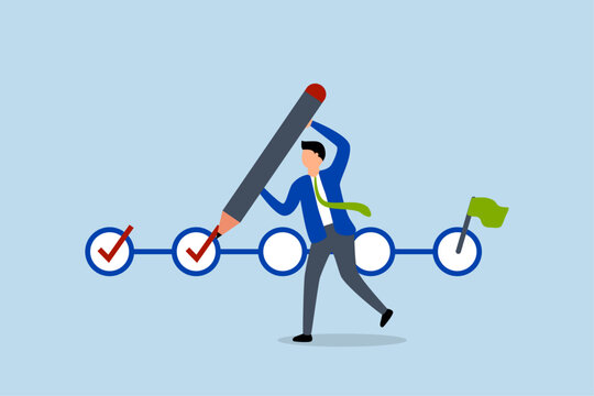 Project tracking, businessman project manager with a big pen to check completed tasks on a project management timeline.