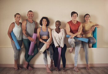 Wall, group and friends for relax in yoga class, activewear and smile for fitness in wellness...