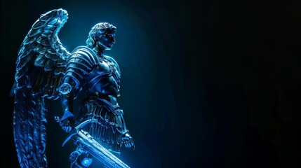 majestic archangel michael statue illuminated on black background dramatic digital illustration