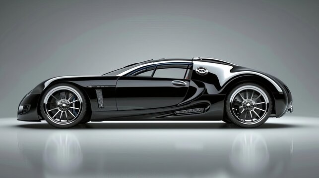 sleek black sports car with shiny chrome details on modern metallic grey background concept illustration
