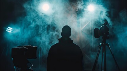 cinematic spotlight silhouette blurred cinematographer in dark smoky studio with led lights and filmmaking equipment atmospheric photography