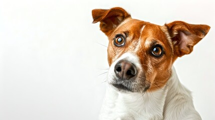 Cute dog with curious expression looking at camera. Simple white background. Great for pet-related content. AI