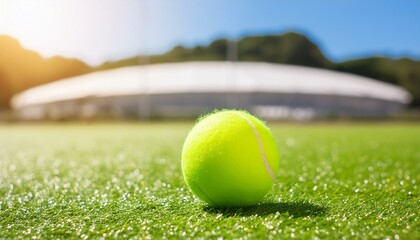 Professional tennis ball close up on green field with the stadium in the background