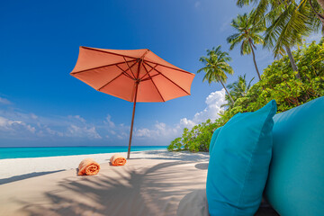 Sunny beach closeup beautiful sea sand sky. Tropical relax sunny summer island landscape. Love...