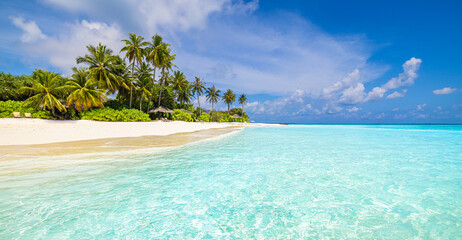 Beach resort landscape, tropical waves surf. Sunny sky horizon summer tourism vacation. Relax luxury background. Amazing sea view blue sea, exotic travel destination. Palm tree white sand dream vibes