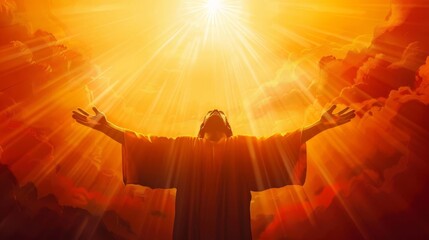 silhouette of jesus with arms raised in spiritual redemption inspirational christian concept digital illustration