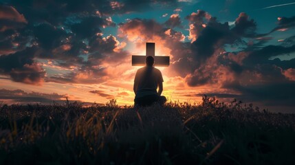 silhouette of man kneeling in worship before illuminated cross in dramatic cloudy sky spiritual faith concept