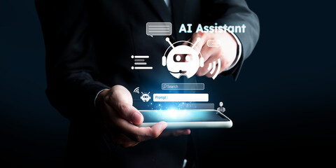 Human interact with AI artificial intelligence virtual assistant chatbot in concept of AI...
