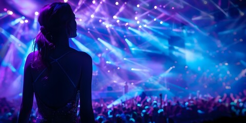 Female singer in backless dress performing concert in crowded stadium with epic lights. Concept...